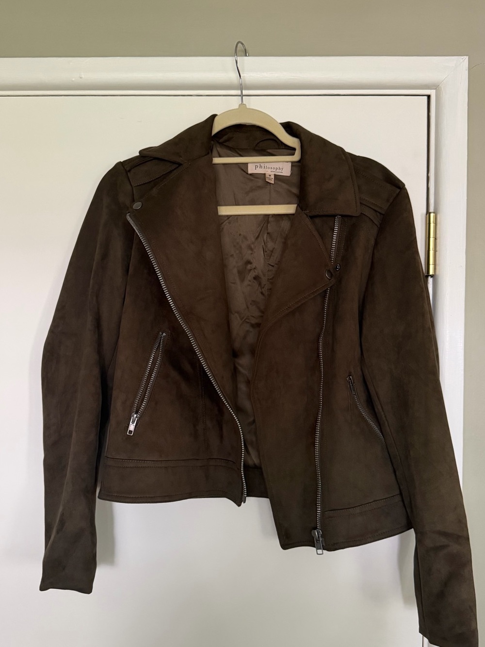 Philosophy Dark Green Suede Asymmetrical Moto Jacket